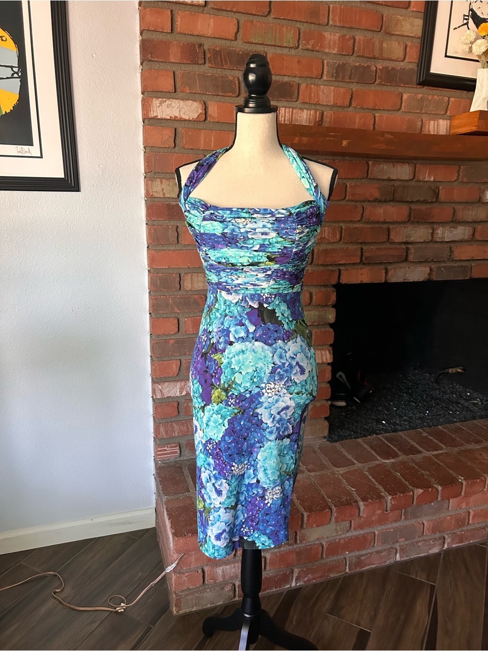 Chiara Boni Ruched Floral Watercolor Mini Halter Dress in Blue Sz 2